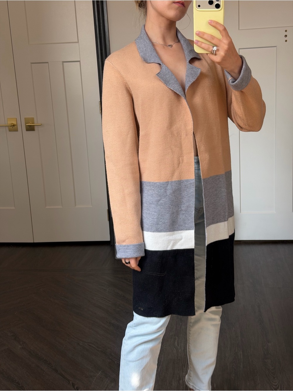 Colorblock Long Cardigan Sweater - Peach, Gray, White, Black